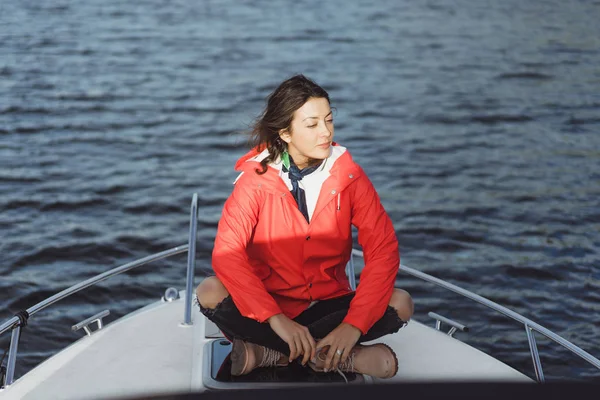 Beautiful Young Woman Red Raincoat Rides Private Yacht Stockholm Sweden — Stock Photo, Image