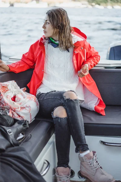 Beautiful Young Woman Red Raincoat Rides Private Yacht Stockholm Sweden — Stock Photo, Image