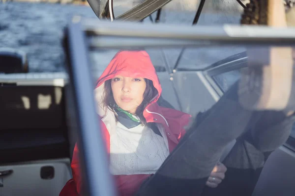 Beautiful Young Woman Red Raincoat Rides Private Yacht Stockholm Sweden — Stock Photo, Image