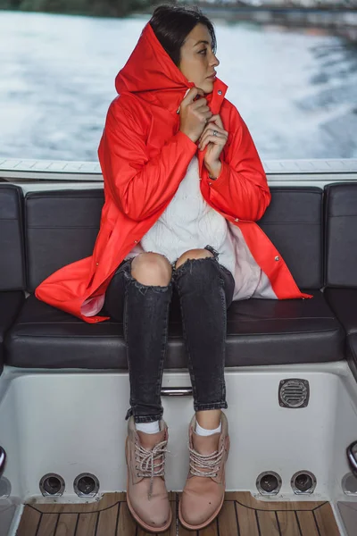 Beautiful Young Woman Red Raincoat Rides Private Yacht Stockholm Sweden — Stock Photo, Image