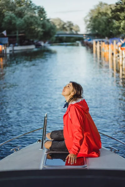 Beautiful Young Woman Red Raincoat Rides Private Yacht Stockholm Sweden — Stock Photo, Image