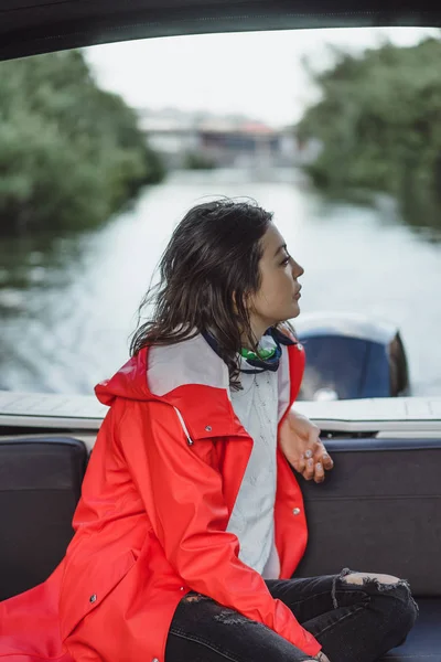 Beautiful Young Woman Red Raincoat Rides Private Yacht Stockholm Sweden — Stock Photo, Image