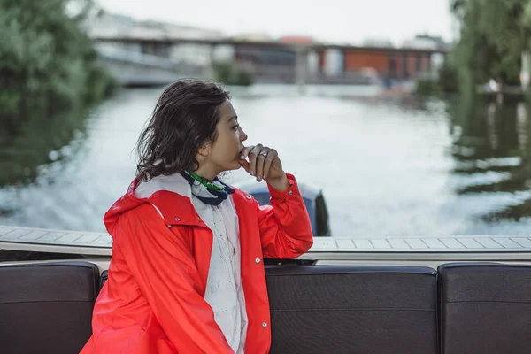 Beautiful Young Woman Red Raincoat Rides Private Yacht Stockholm Sweden — Stock Photo, Image