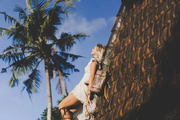 Hippie Girl Long Blond Hair Dress Roof — Stock Photo, Image