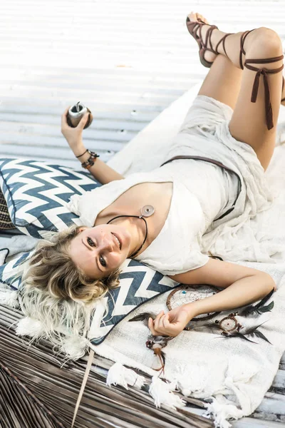 Beautiful Indian Hippie Girl Long Blond Hair Roof Drinking Mate — Stock Photo, Image