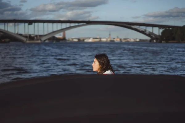 Beautiful Young Woman Red Raincoat Rides Private Yacht Stockholm Sweden — Stock Photo, Image