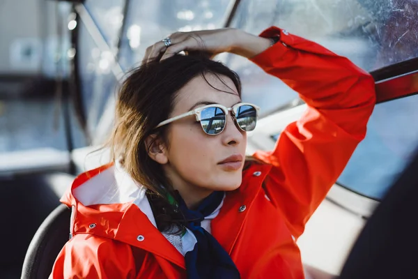 Beautiful Young Woman Red Raincoat Rides Private Yacht Stockholm Sweden — Stock Photo, Image