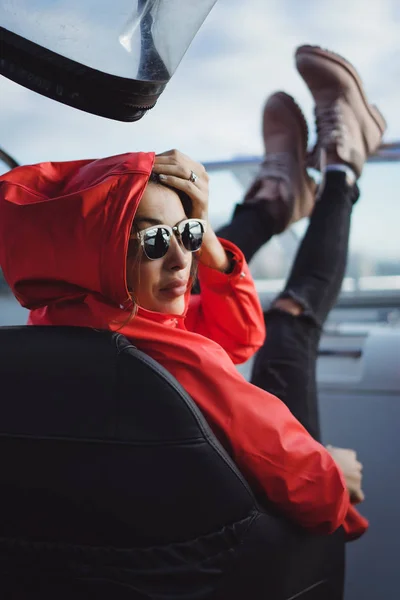 Beautiful Young Woman Red Raincoat Rides Private Yacht Stockholm Sweden — Stock Photo, Image