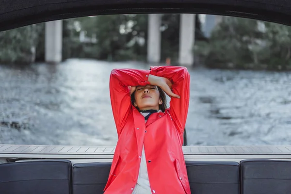 Beautiful Young Woman Red Raincoat Rides Private Yacht Stockholm Sweden — Stock Photo, Image