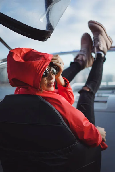 Beautiful Young Woman Red Raincoat Rides Private Yacht Stockholm Sweden — Stock Photo, Image