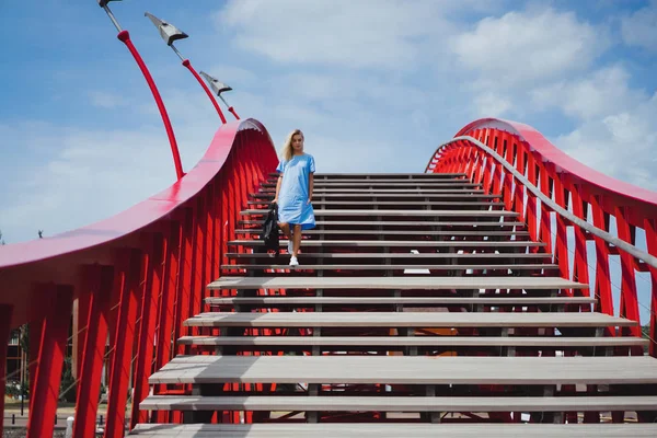 Schöne Mädchen Einem Blauen Kleid Posiert Auf Der Brücke — Stockfoto