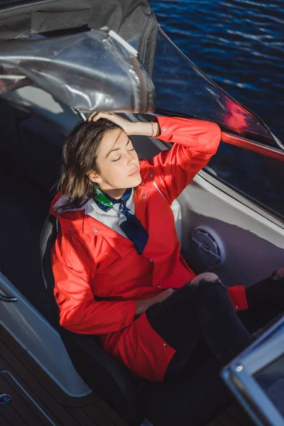 Beautiful Young Woman Red Raincoat Rides Private Yacht Stockholm Sweden — Stock Photo, Image