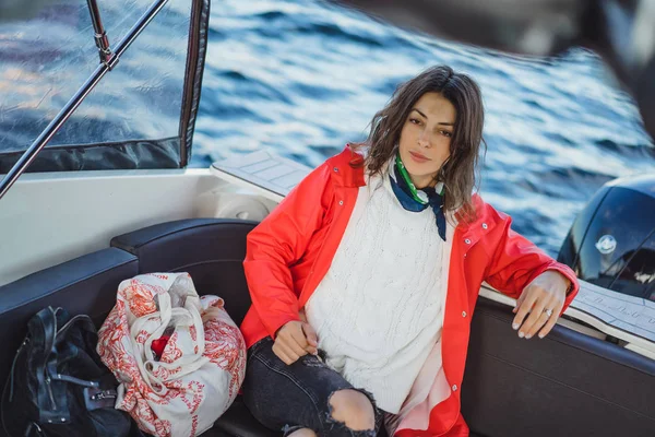 Beautiful Young Woman Red Raincoat Rides Private Yacht Stockholm Sweden — Stock Photo, Image