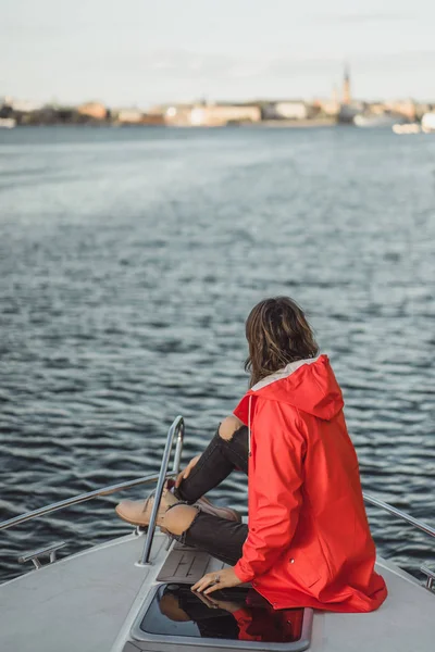 Beautiful Young Woman Red Raincoat Rides Private Yacht Stockholm Sweden — Stock Photo, Image