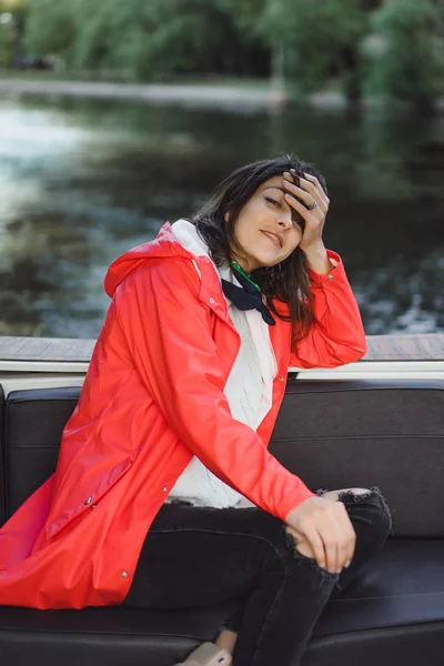 Beautiful Young Woman Red Raincoat Rides Private Yacht Stockholm Sweden — Stock Photo, Image