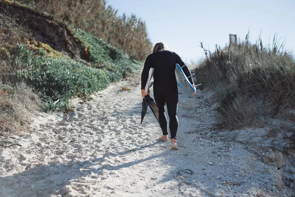 Surfer Flippers Bodyboard Hydro Suit Ocean Shore — Stock Photo, Image