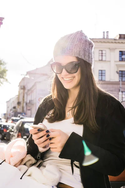 Beautiful Brunette Girl Sunglasses Knitted Cap Charming Cute Smile Walks — Stock Photo, Image