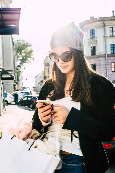Beautiful Brunette Girl Sunglasses Knitted Cap Charming Cute Smile Walks — Stock Photo, Image
