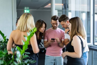 close up.boss iş arkadaşlarına akıllı telefon ekranında bilgi gösterir. gençler haberleri paylaşır, akıllı telefonda video gösterir,