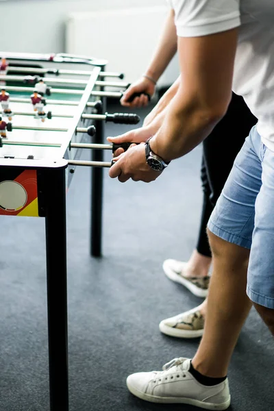 Happy Managers Playing Table Football Office Having Fun Together — Stock Photo, Image