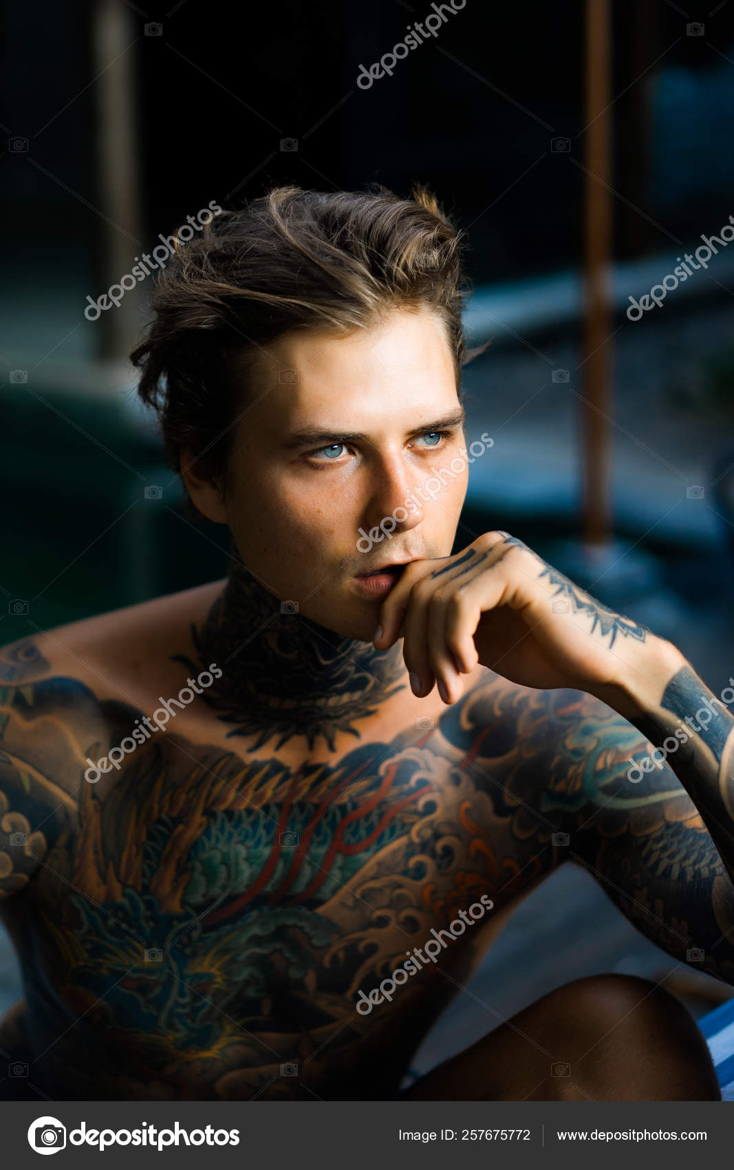 Portrait Handsome Man Tattoos Stock Photo by ©Kireyonok 257675772