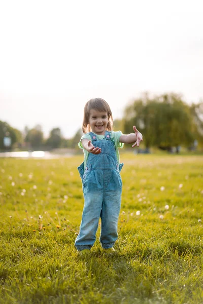 Little girl on a dandelion field, at sunset, emotional happy chi — Stock Photo, Image
