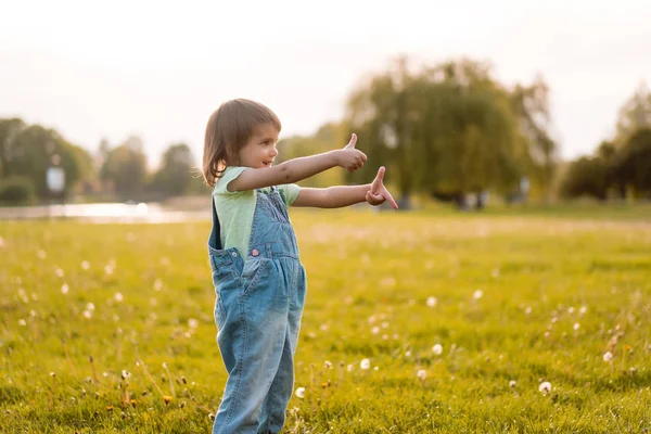 Klein meisje op een paardebloem veld, bij zonsondergang, emotionele gelukkig Chi — Stockfoto