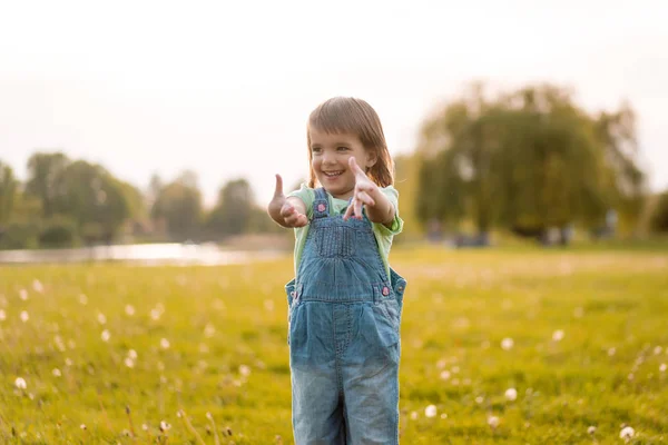 Liten flicka på en maskros fält, vid solnedgången, känslomässiga Happy Chi — Stockfoto