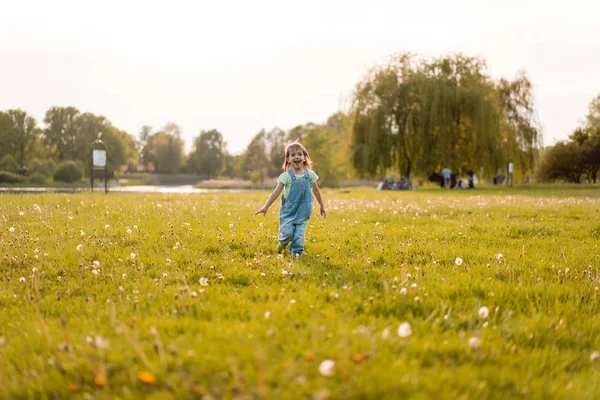 Little girl on a dandelion field, at sunset, emotional happy chi — Stock Photo, Image