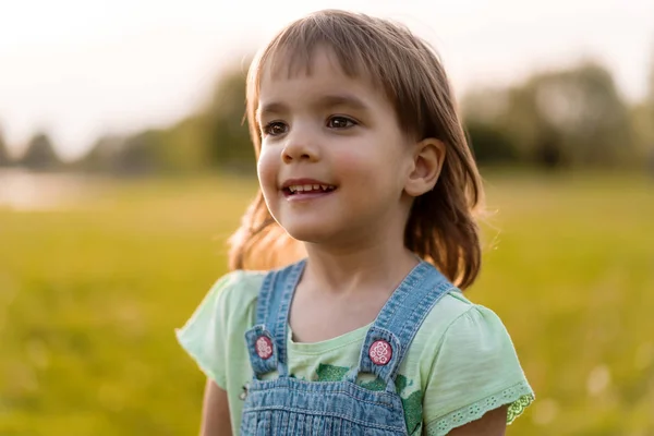 Klein meisje op een paardebloem veld, bij zonsondergang, emotionele gelukkig Chi — Stockfoto