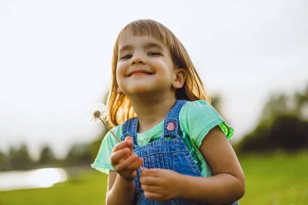 Маленькая девочка на одуванчике, на закате, эмоционально счастливая ци — стоковое фото
