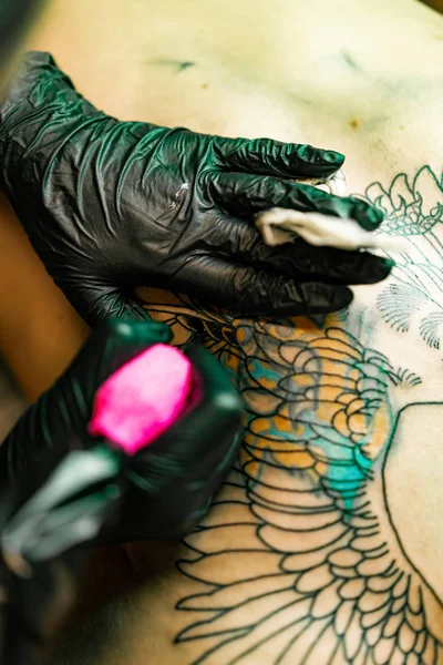 Tattoo salon process. A tattoo girl stuffed a tattoo. the process of stuffing a tattoo on the body. Hands close-up.