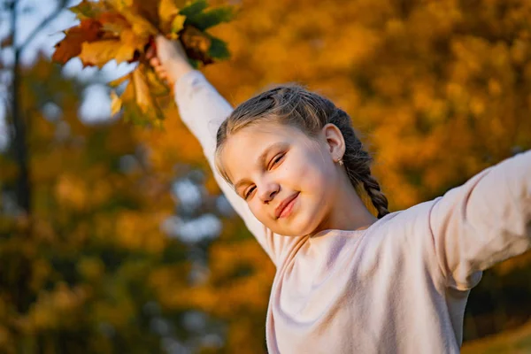 Mooi Klein Meisje Met Herfst Bladeren Staand Close Buiten — Stockfoto