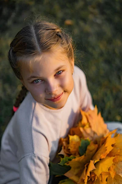 Красивая Маленькая Девочка Осенними Листьями Портрет Крупным Планом Снаружи — стоковое фото