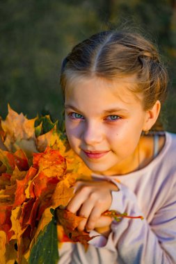 sonbahar yaprakları ile güzel küçük kız. portre, yakın çekim, dış