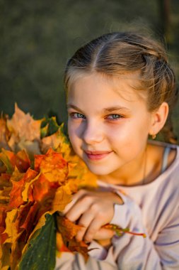 sonbahar yaprakları ile güzel küçük kız. portre, yakın çekim, dış