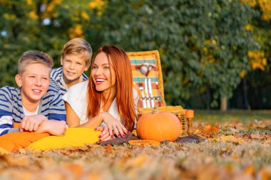 bir piknik parkta mutlu büyük aile. Baba anne, çocuklar, oğul, kız. Sonbahar Cadılar Bayramı