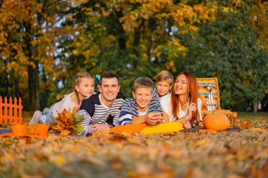 bir piknik parkta mutlu büyük aile. Baba anne, çocuklar, oğul, kız. Sonbahar Cadılar Bayramı