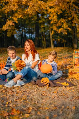 çocuklu kızıl saçlı kadın. Cadılar Bayramı için bir piknik parkta oğulları ile anne.