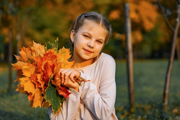 Mooi Klein Meisje Met Herfst Bladeren Staand Close Buiten — Stockfoto