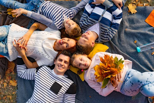 Feliz Gran Familia Parque Picnic Papá Mamá Hijos Hijo Hija —  Fotos de Stock