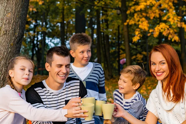 Lycklig Stor Familj Parken Picknick Pappa Mamma Barn Son Dotter — Stockfoto