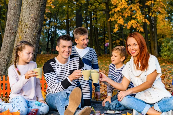 Happy Big Family Park Picnic Dad Mom Children Son Daughter — Stock Photo, Image