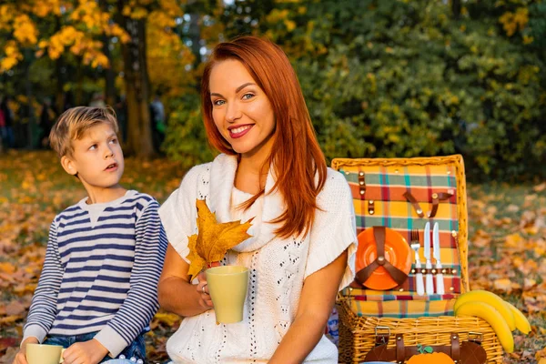 happy big family in the park on a picnic. Dad Mom, children, son, daughter. Autumn Halloween
