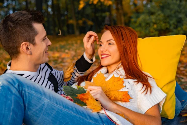 Young Couple Love Lovers Man Woman Park Autumn Tenderness Hugs — Stock Photo, Image