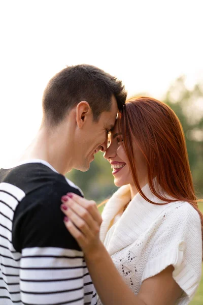 Young Couple Love Lovers Man Woman Park Autumn Tenderness Hugs — Stock Photo, Image