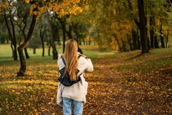 Kız Sonbahar Parkında Yürüyor Sonbahar Ormanında Kadın — Stok fotoğraf