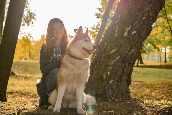 sonbahar parkında genç kadın bir husky köpek ile yürüyor.