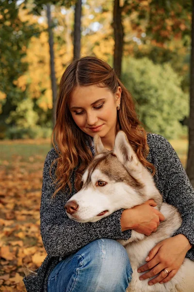 Young Female Autumn Park Walks Husky Dog — Stock Photo, Image