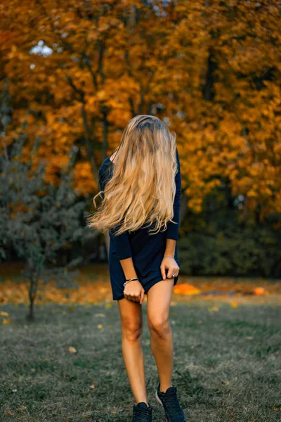 Ragazza Cammina Nel Parco Autunnale Femmina Nella Foresta Autunnale — Foto Stock